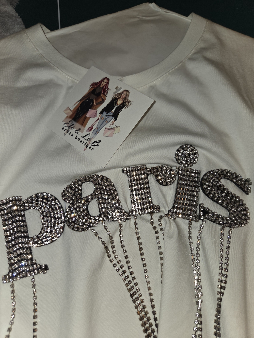 NWT boutique White 'Paris' Crystal Fringe Tee